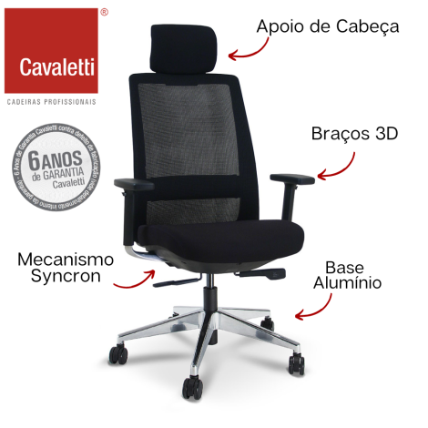 Cavaletti C4 - Presidente Giratória / Syncron / Braços 3D / Base em Alumínio / Apoio de cabeça